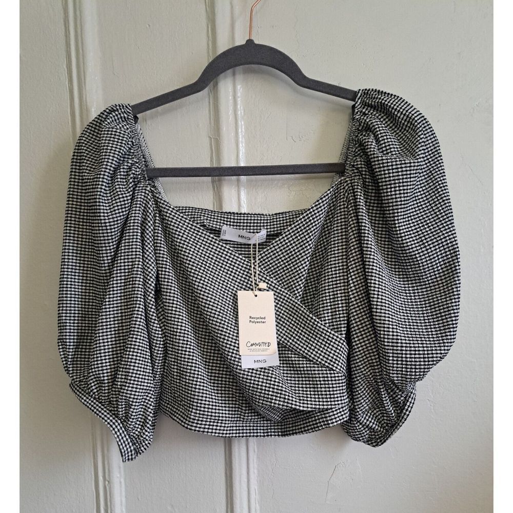 Mng Womens Small BALOON PUFFER SLEEVE crop Top Black White Gingham Plaid shirt